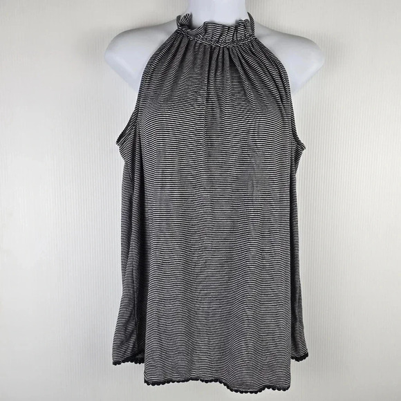Pleione M Black White Striped Ruffle High Neck Tie Keyhole Back Tank Top. Size M - Picture 1 of 8